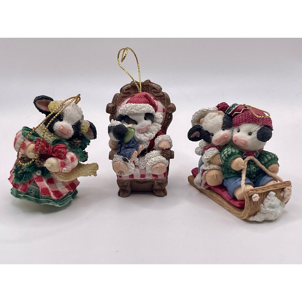 Mary's Moo Moos Enesco Christmas Ornament Lot of 3 Cow Figurines 1996 Vintage